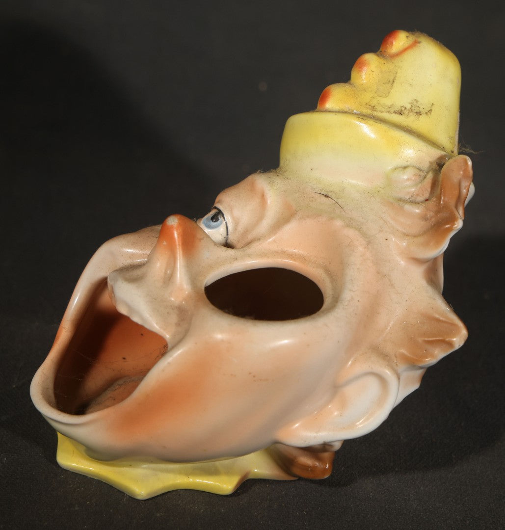 Pair of Vintage Figural Character Face Ceramics including German Hand-Painted Open-Mouth Clown Ashtray and Occupied Japan Toby Mug