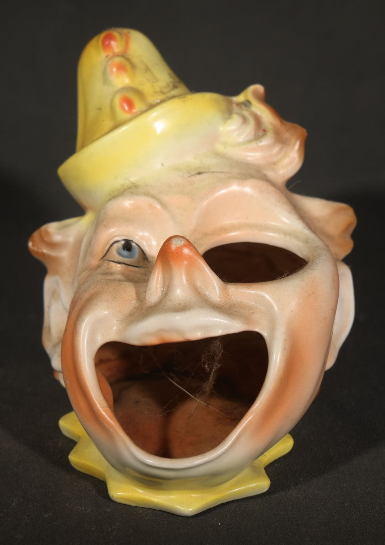 Pair of Vintage Figural Character Face Ceramics including German Hand-Painted Open-Mouth Clown Ashtray and Occupied Japan Toby Mug