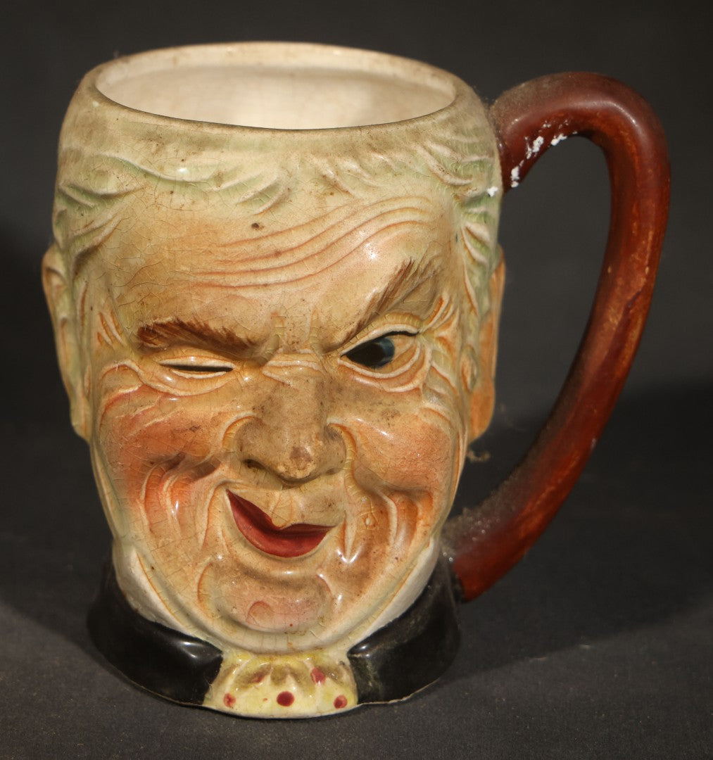 Pair of Vintage Figural Character Face Ceramics including German Hand-Painted Open-Mouth Clown Ashtray and Occupied Japan Toby Mug