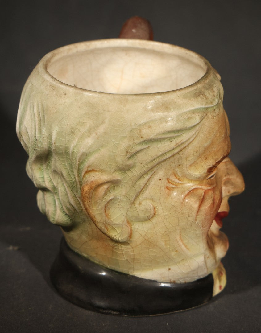 Pair of Vintage Figural Character Face Ceramics including German Hand-Painted Open-Mouth Clown Ashtray and Occupied Japan Toby Mug