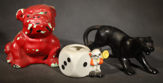 Trio of Vintage Porcelain Figures including Red Bulldog, Black Stalking Panther, and Dog with Dice