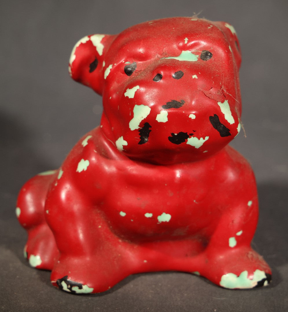Trio of Vintage Porcelain Figures including Red Bulldog, Black Stalking Panther, and Dog with Dice