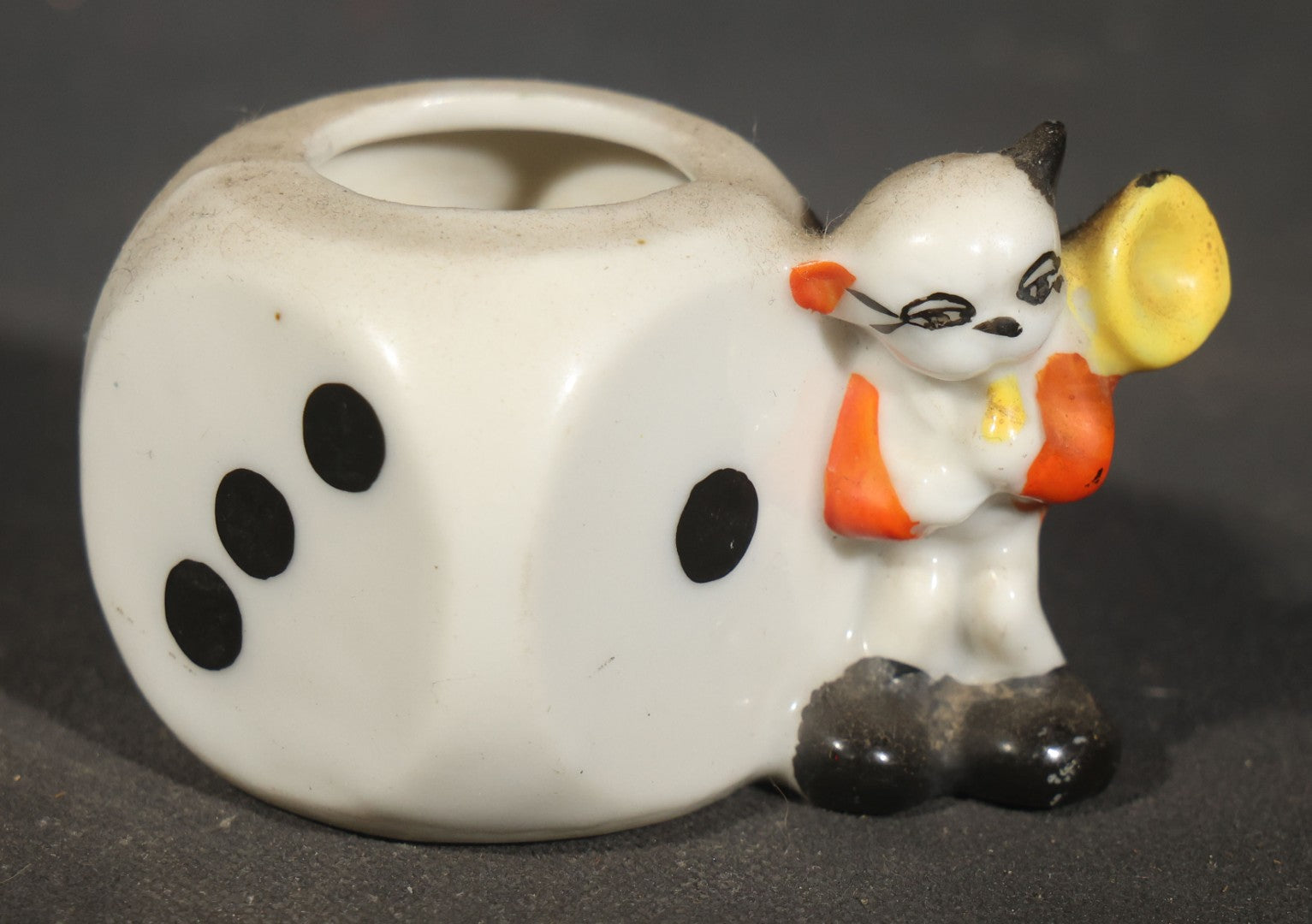 Trio of Vintage Porcelain Figures including Red Bulldog, Black Stalking Panther, and Dog with Dice