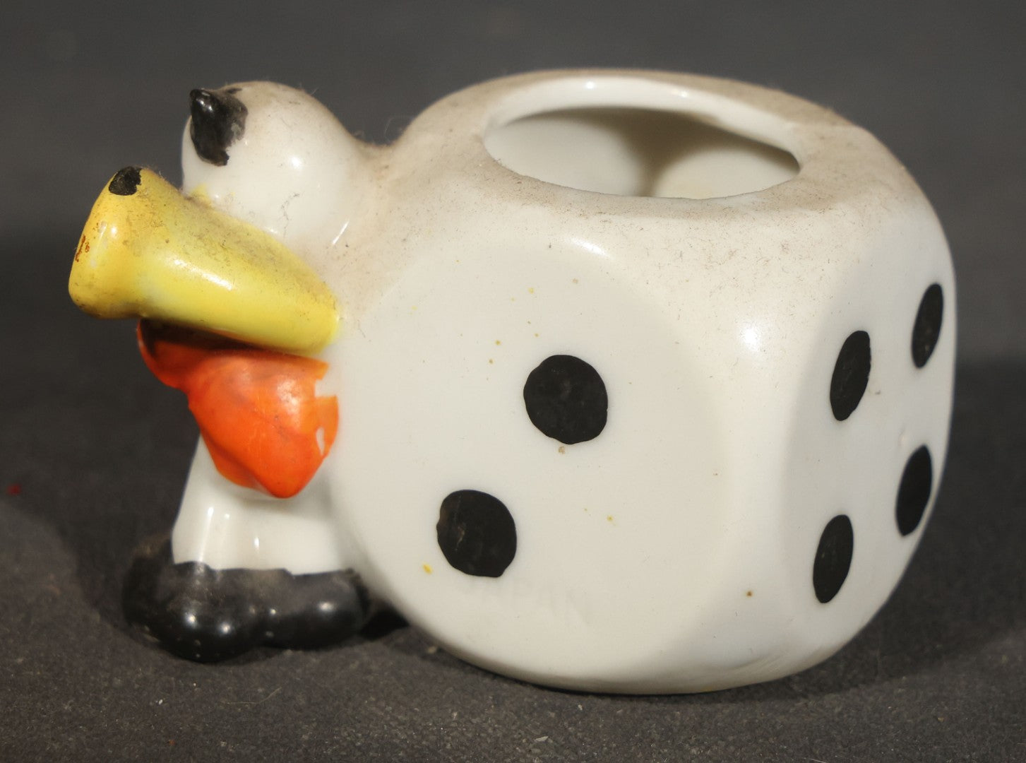 Trio of Vintage Porcelain Figures including Red Bulldog, Black Stalking Panther, and Dog with Dice