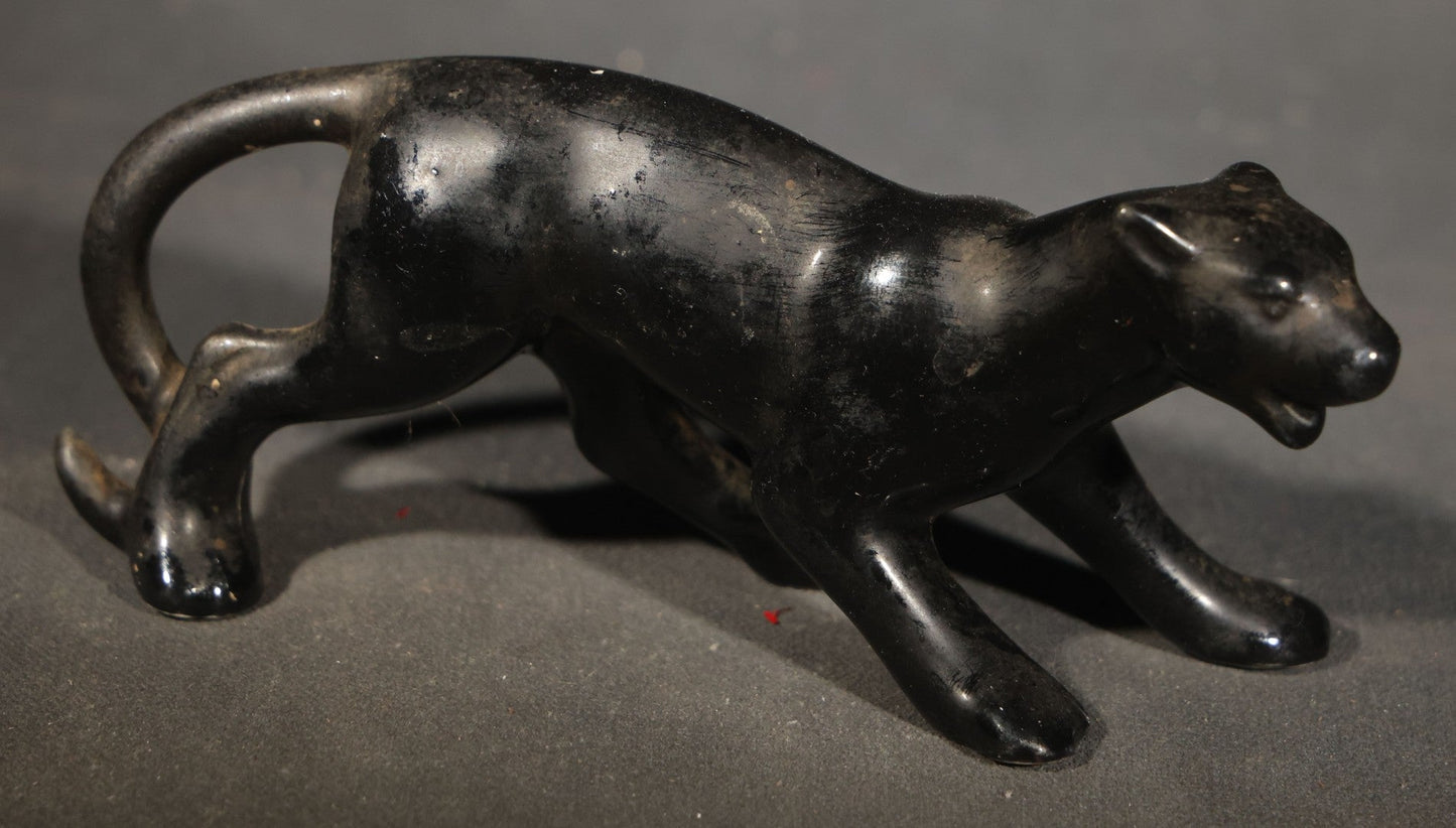 Trio of Vintage Porcelain Figures including Red Bulldog, Black Stalking Panther, and Dog with Dice
