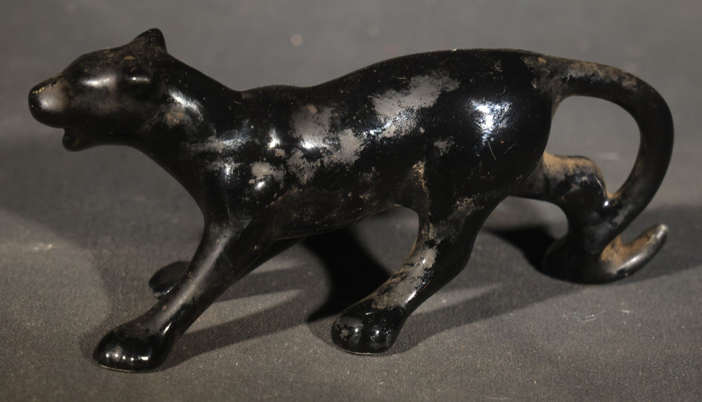 Trio of Vintage Porcelain Figures including Red Bulldog, Black Stalking Panther, and Dog with Dice