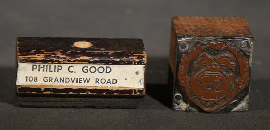 Pair of Vintage Wood-Mounted Printing Blocks including Philip C. Good Address Stamp, Concord, New Hampshire, and "SAY" Crest Block with Face