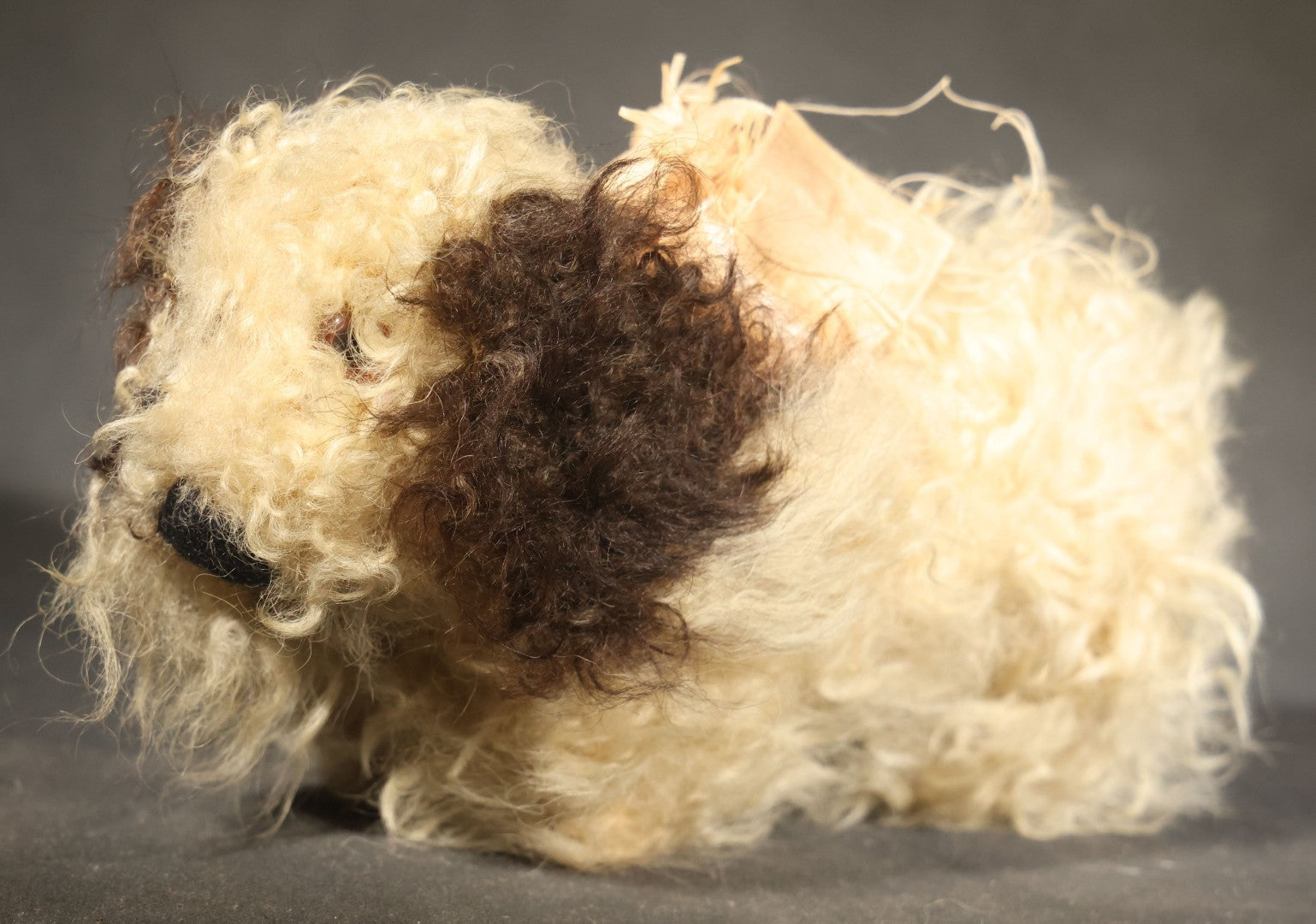 Vintage Stuffed Toy Dog with Curly Cream and Brown Fur and Ribbon Bow
