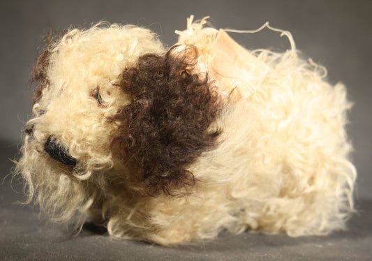 Vintage Stuffed Toy Dog with Curly Cream and Brown Fur and Ribbon Bow