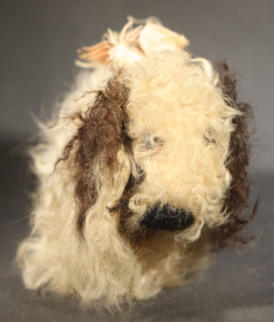 Vintage Stuffed Toy Dog with Curly Cream and Brown Fur and Ribbon Bow