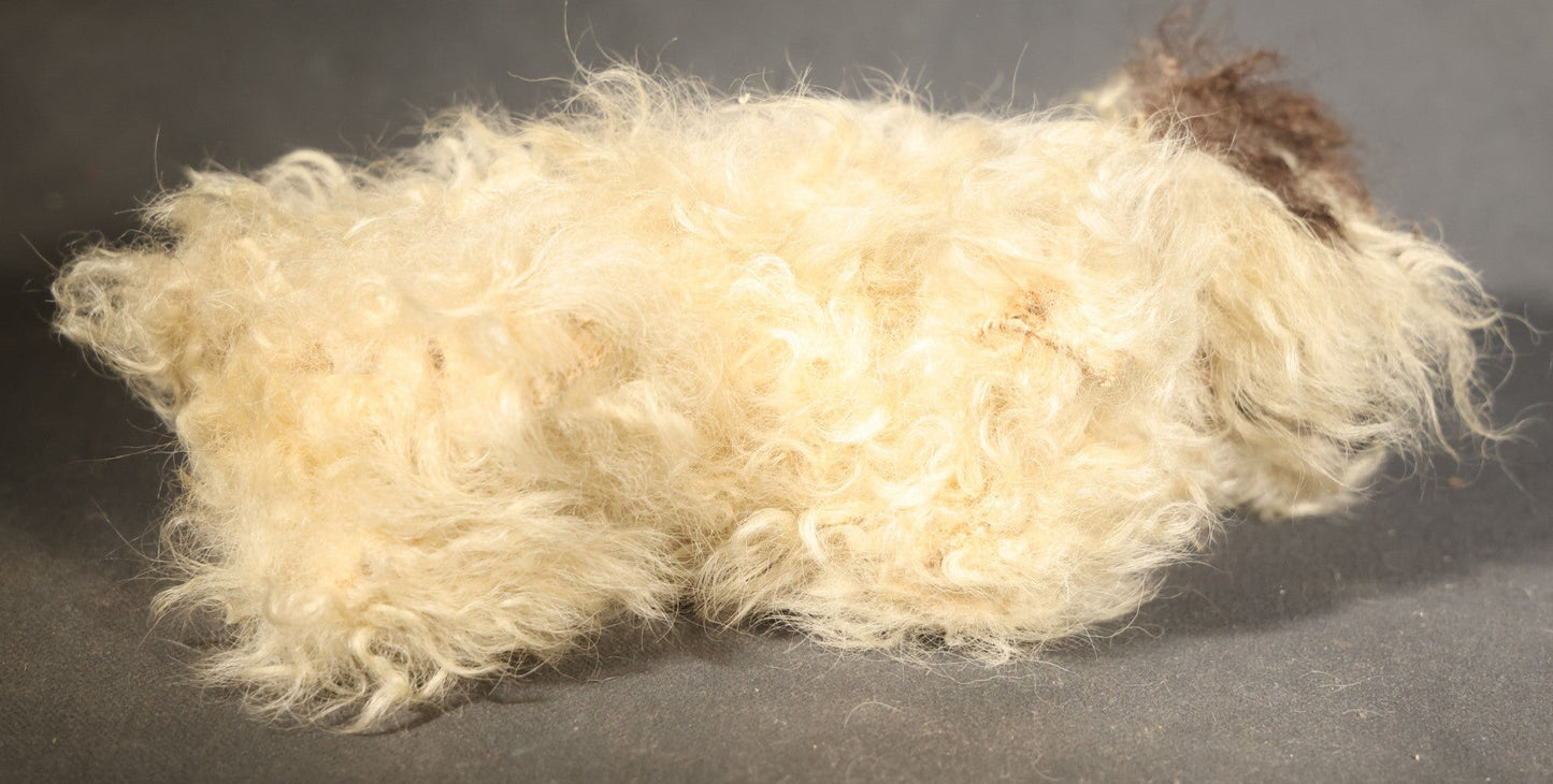 Vintage Stuffed Toy Dog with Curly Cream and Brown Fur and Ribbon Bow