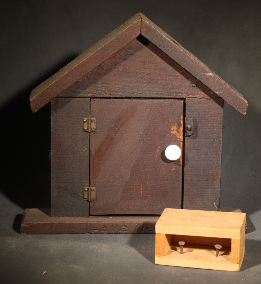 Pair of Vintage Handmade Wooden Folk Art Novelty Items including "Leave Note Inside" House-Form Note Box and "Tax Shelter" Nail Holder
