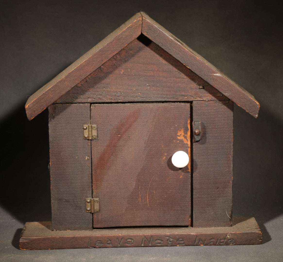 Pair of Vintage Handmade Wooden Folk Art Novelty Items including "Leave Note Inside" House-Form Note Box and "Tax Shelter" Nail Holder