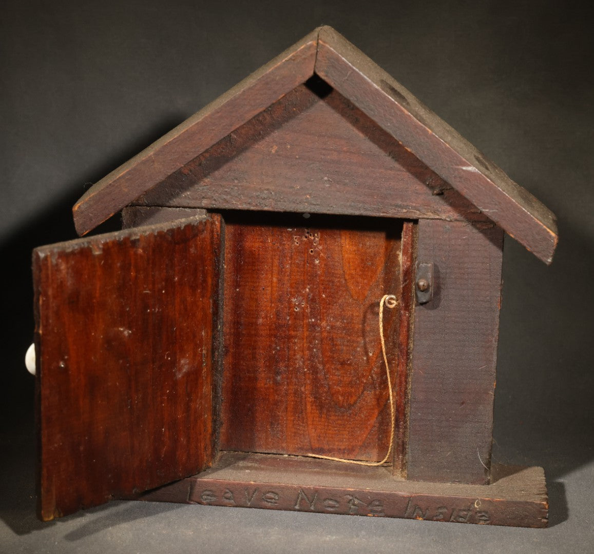 Pair of Vintage Handmade Wooden Folk Art Novelty Items including "Leave Note Inside" House-Form Note Box and "Tax Shelter" Nail Holder