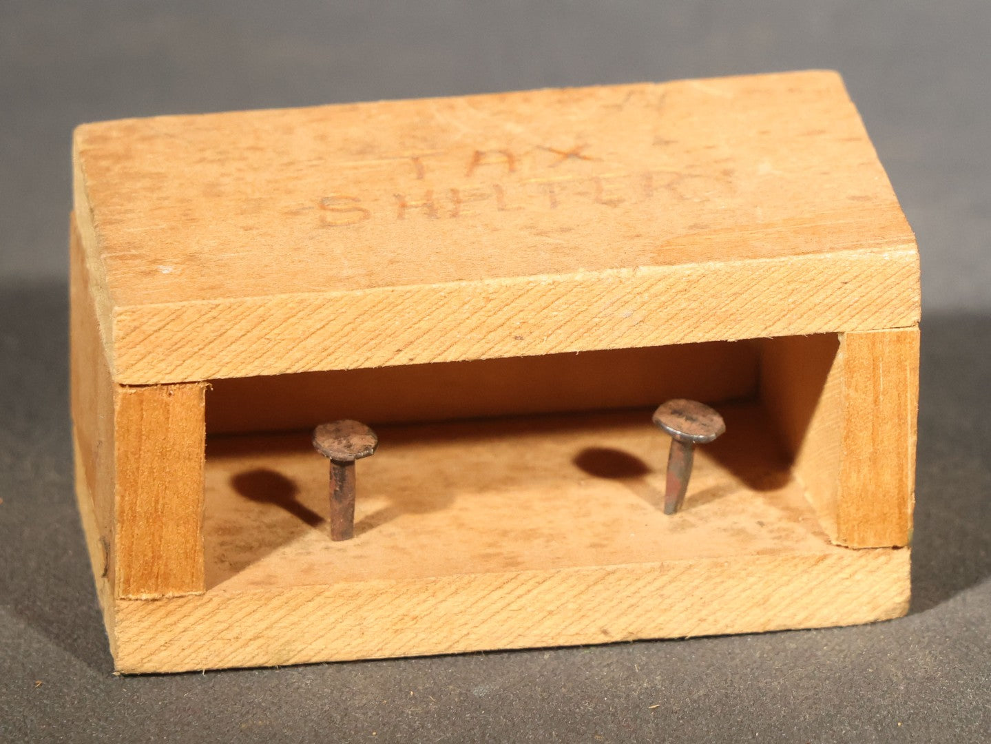 Pair of Vintage Handmade Wooden Folk Art Novelty Items including "Leave Note Inside" House-Form Note Box and "Tax Shelter" Nail Holder