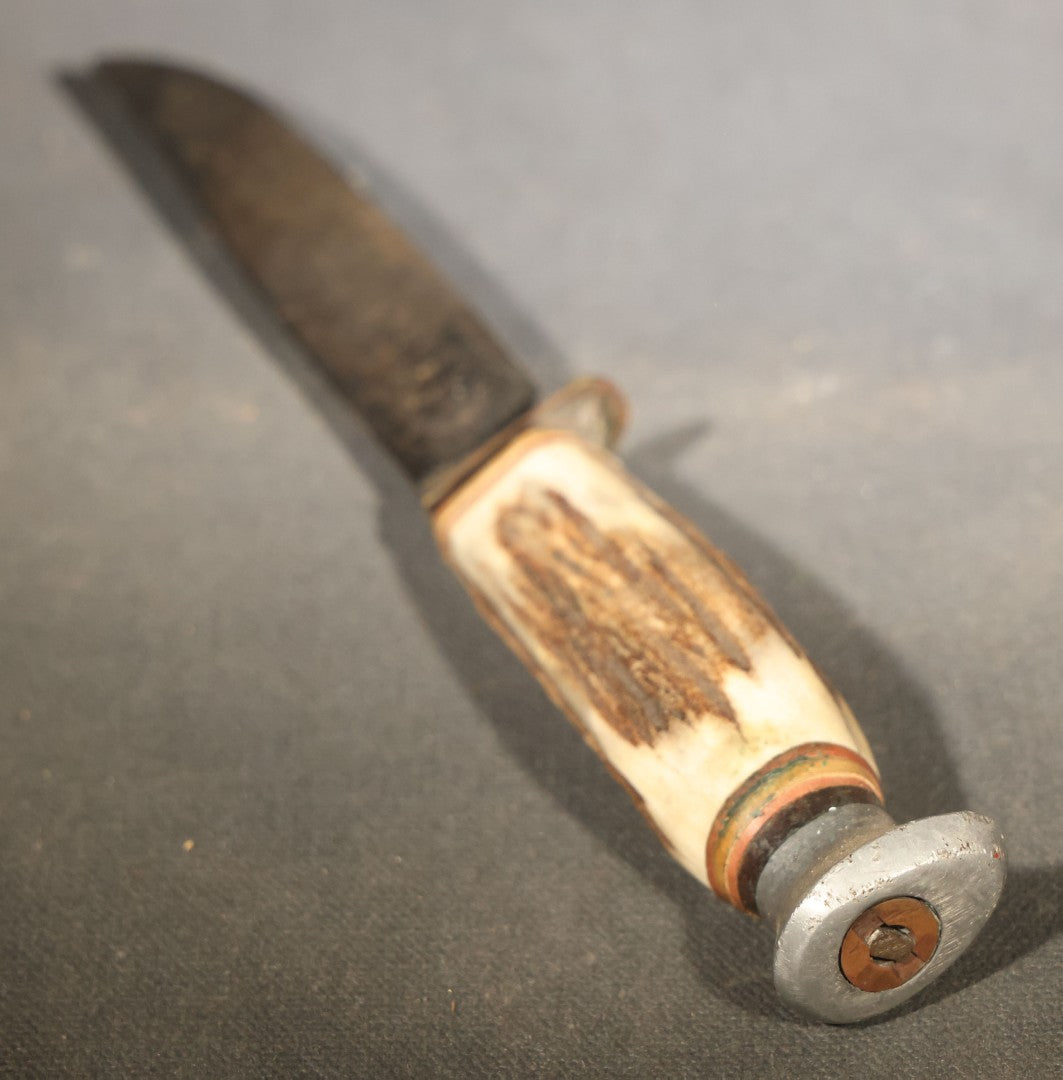 Vintage Fixed-Blade Knife with Stag Antler Handle and Leather Sheath