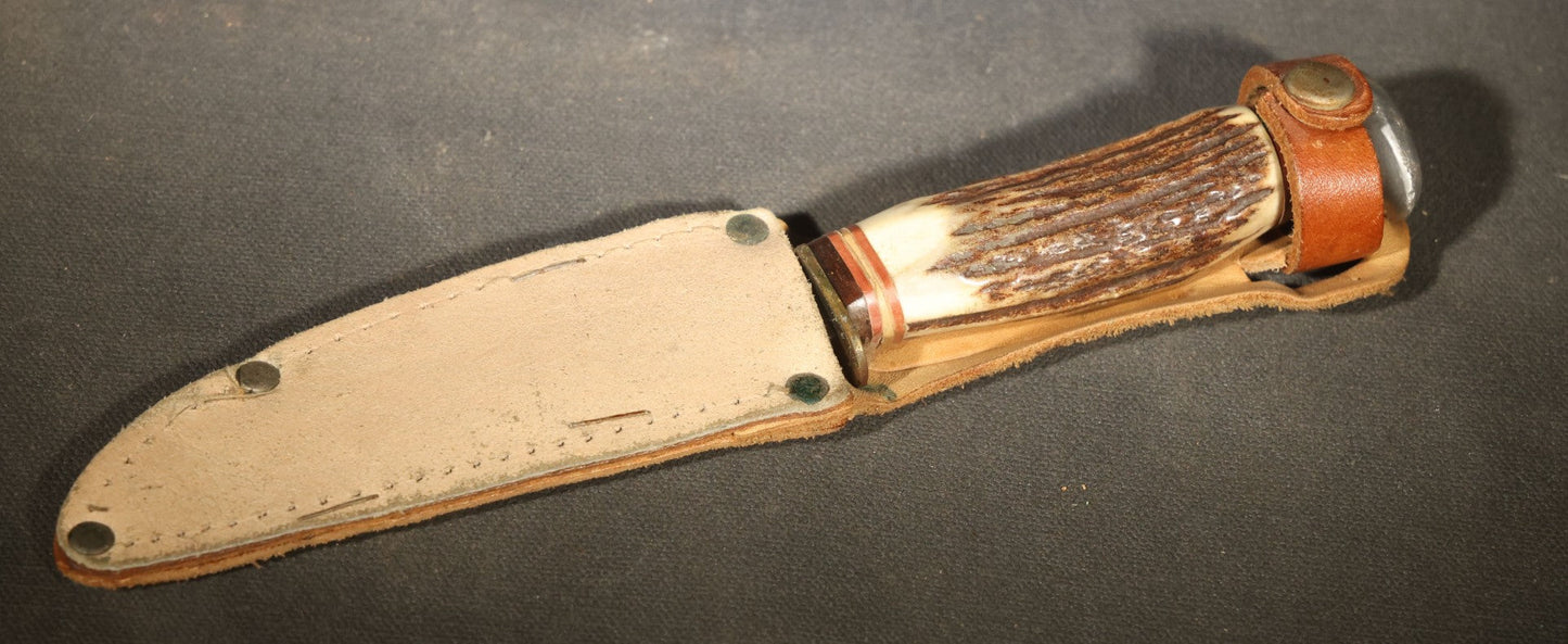 Vintage Fixed-Blade Knife with Stag Antler Handle and Leather Sheath