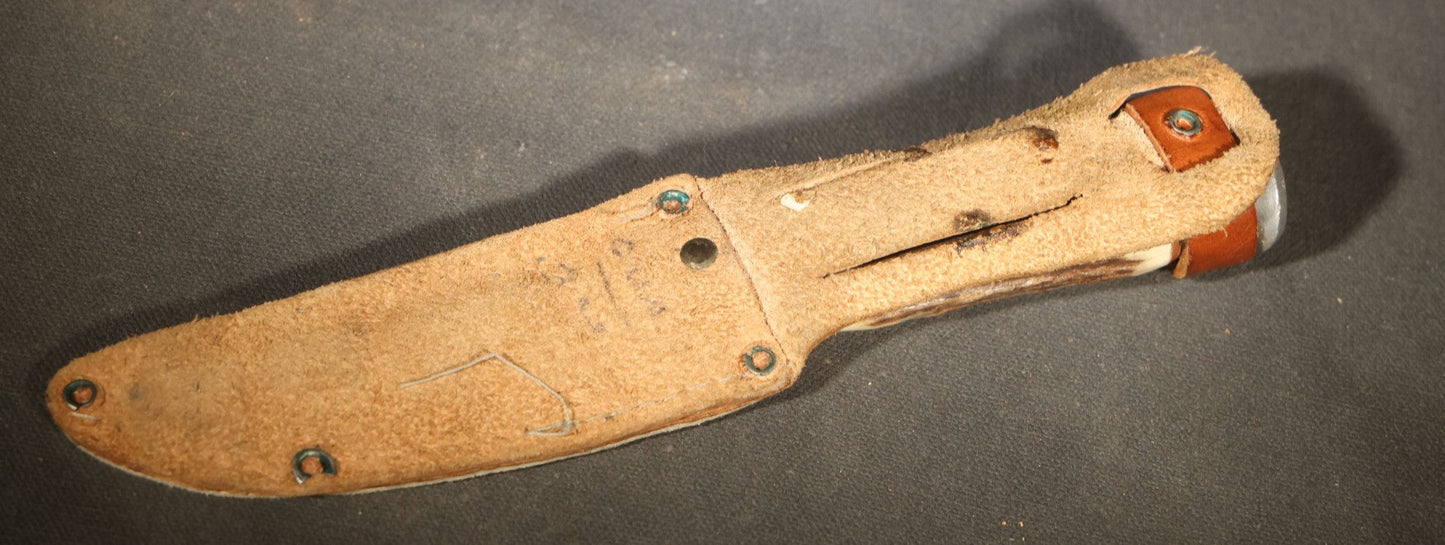 Vintage Fixed-Blade Knife with Stag Antler Handle and Leather Sheath