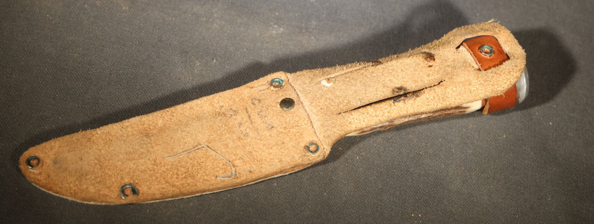 Vintage Fixed-Blade Knife with Stag Antler Handle and Leather Sheath