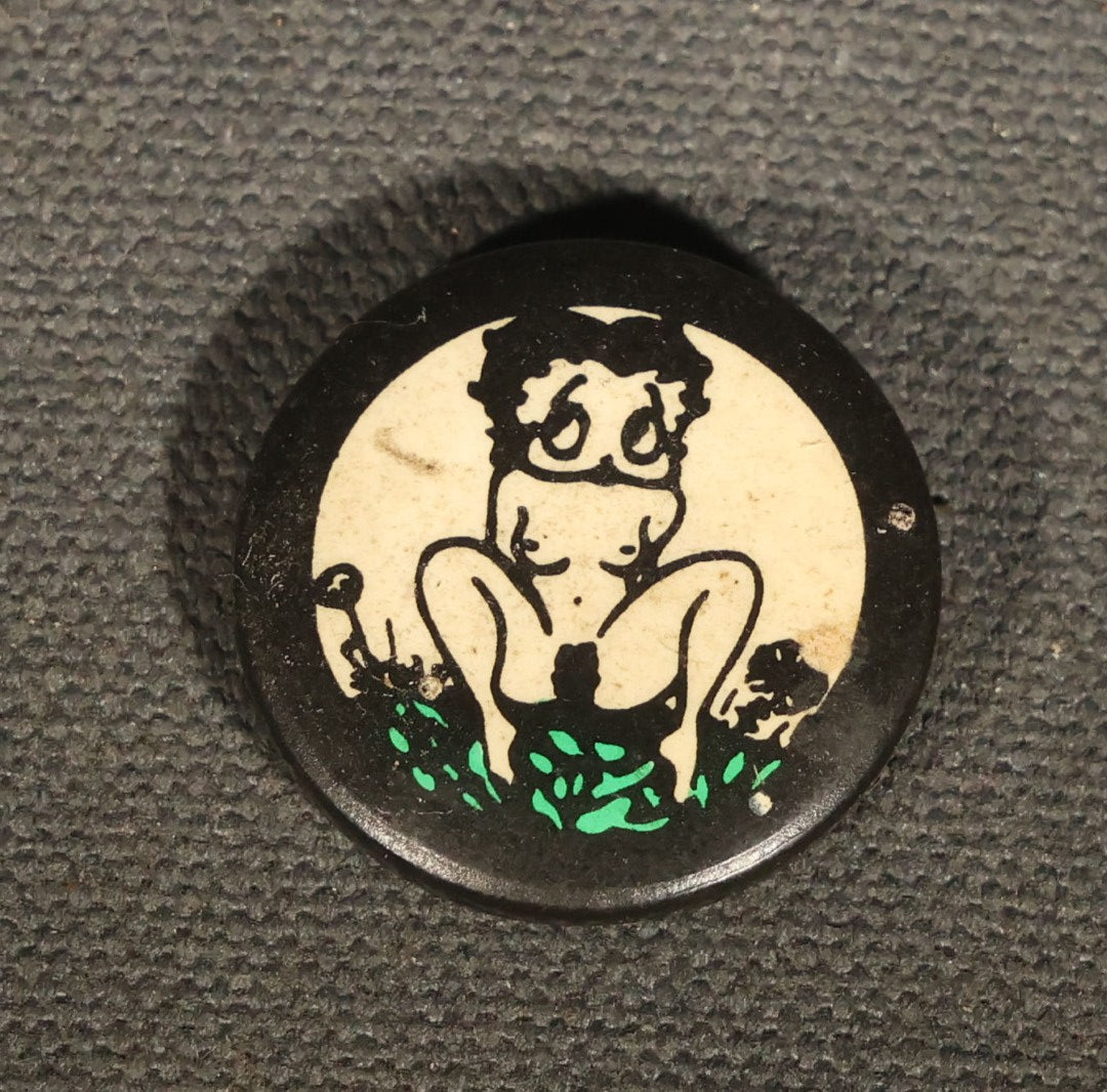 Vintage Risque Betty Boop Pinback Button with Black, White, and Green Graphics