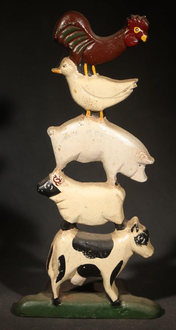 Vintage Reproduction Cast Iron Stacked Farm Animals Doorstop with Cow, Sheep, Pig, Goose, and Rooster