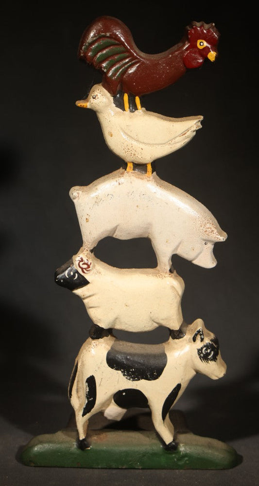 Vintage Reproduction Cast Iron Stacked Farm Animals Doorstop with Cow, Sheep, Pig, Goose, and Rooster