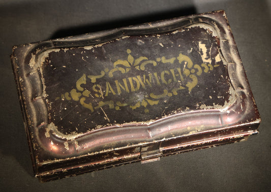 Antique Toleware Sandwich Box with Gold-Stenciled "Sandwich" Lettering and Scrollwork