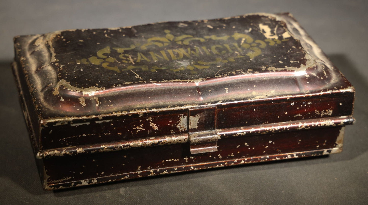 Antique Toleware Sandwich Box with Gold-Stenciled "Sandwich" Lettering and Scrollwork