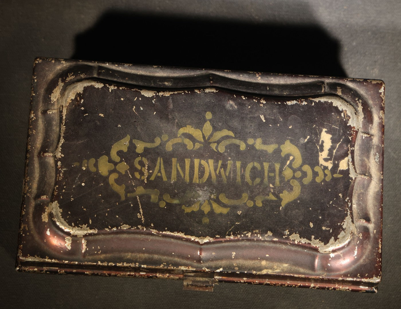 Antique Toleware Sandwich Box with Gold-Stenciled "Sandwich" Lettering and Scrollwork