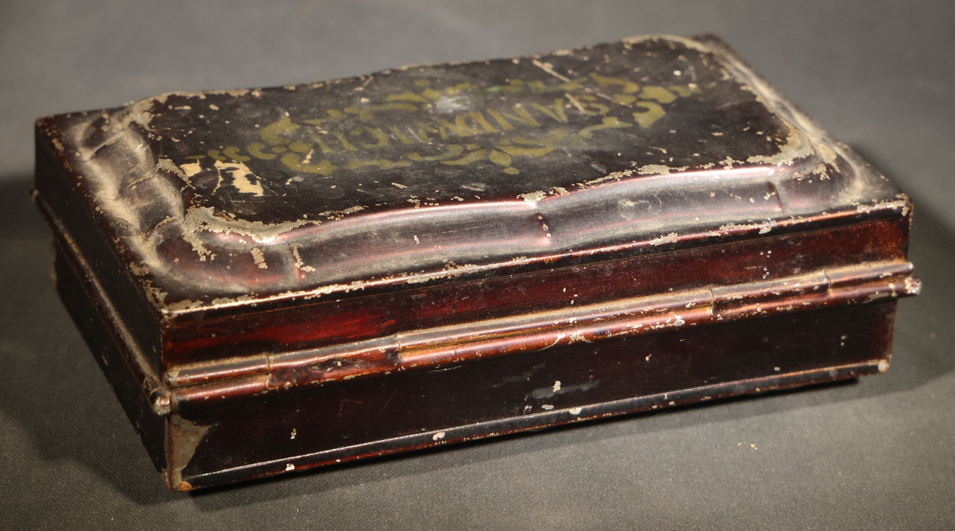 Antique Toleware Sandwich Box with Gold-Stenciled "Sandwich" Lettering and Scrollwork