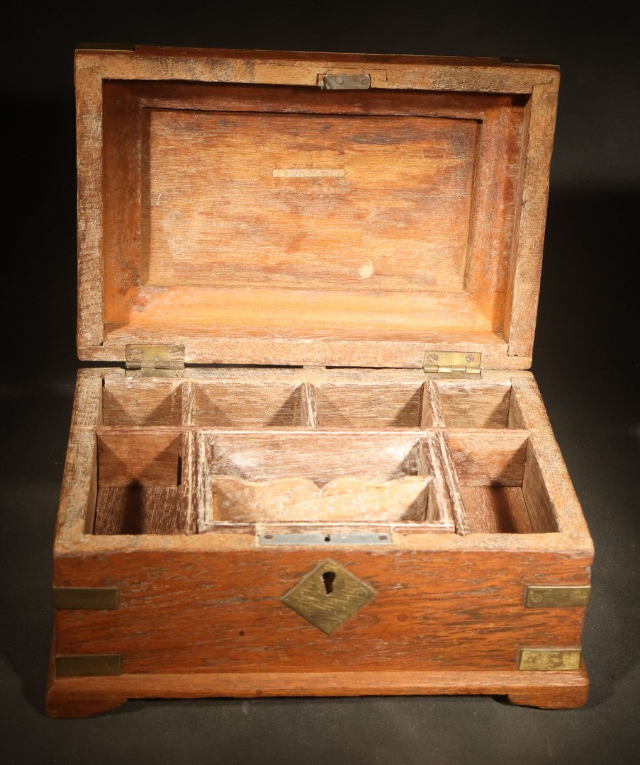 Vintage Indian Brass-Bound Wooden Box with Divided Interior and Removable Tray