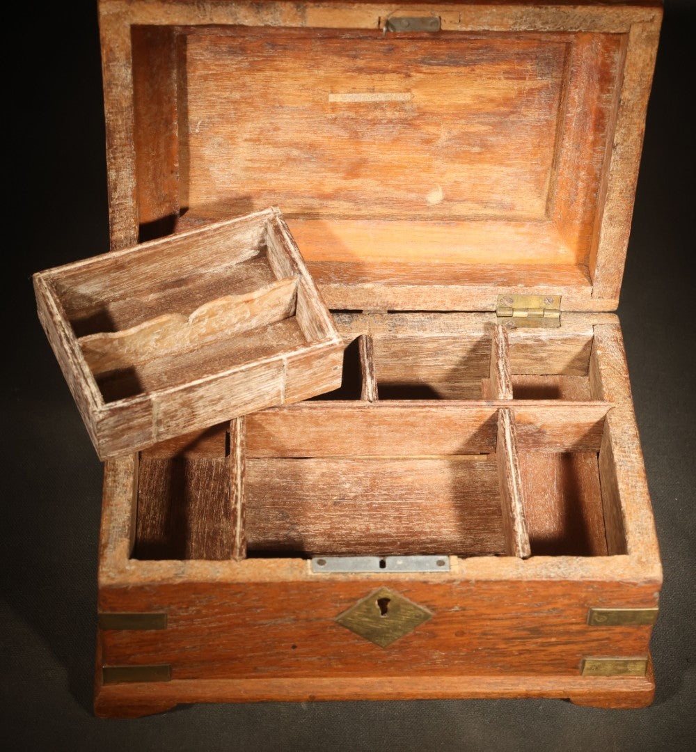 Vintage Indian Brass-Bound Wooden Box with Divided Interior and Removable Tray