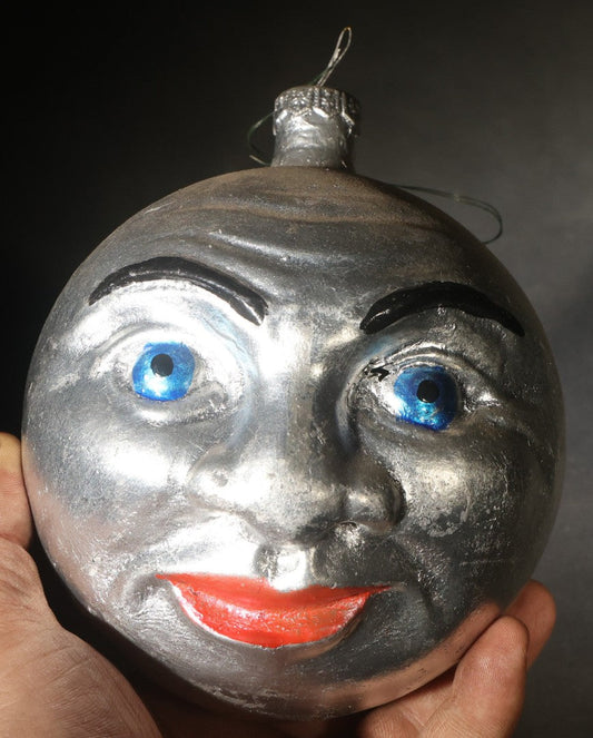 Vintage Blown Glass Man in the Moon Face Christmas Ornament with Hand-Painted Features, Note Hole