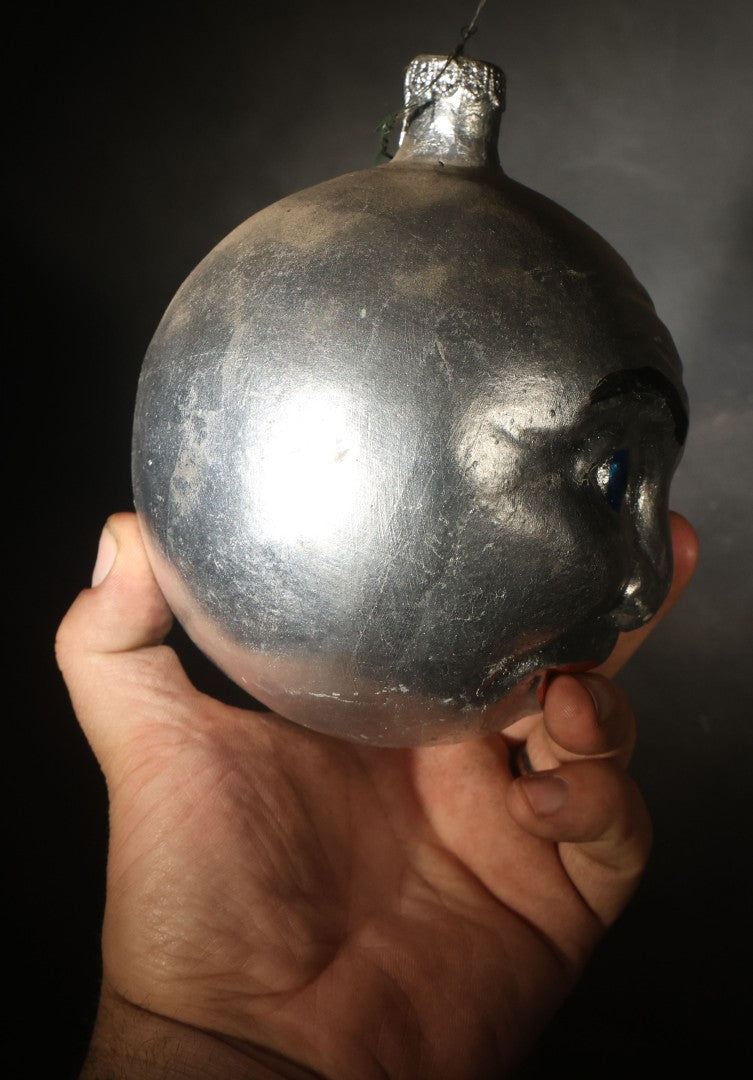 Vintage Blown Glass Man in the Moon Face Christmas Ornament with Hand-Painted Features, Note Hole
