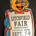 Lot 152 - Vintage Litchfield Fair Die-Cut Cardboard Easel-Back Sign with Cartoon Pig, Smokey's Greater Shows, Litchfield, Maine, 13" W x 22" H