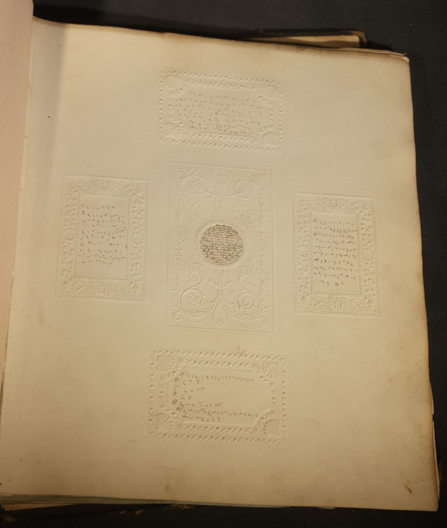 Antique Autograph Album with Handwritten Poetry, Albumen Photographs, Engravings, and Embossed Pages, Entries Beginning 1863, Printed by Lefevre & Kohler, Newman Street