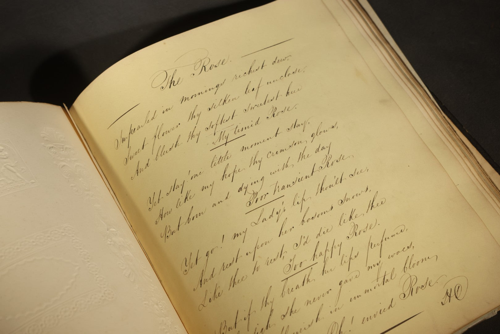 Antique Autograph Album with Handwritten Poetry, Albumen Photographs, Engravings, and Embossed Pages, Entries Beginning 1863, Printed by Lefevre & Kohler, Newman Street