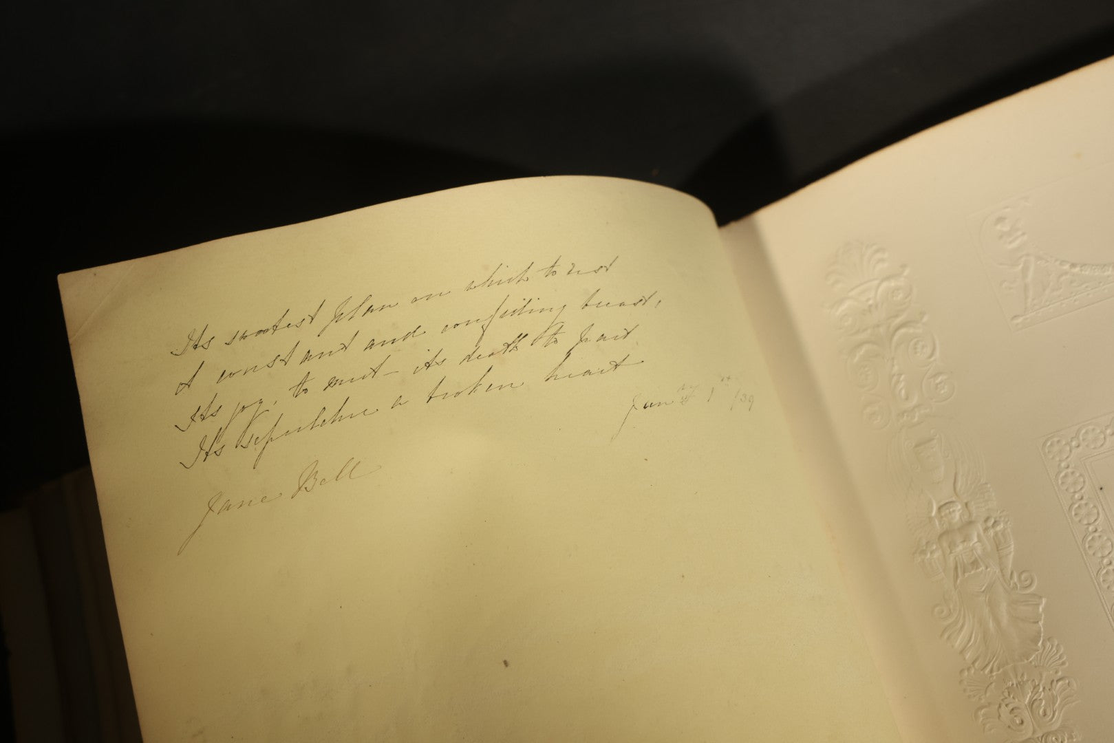 Antique Autograph Album with Handwritten Poetry, Albumen Photographs, Engravings, and Embossed Pages, Entries Beginning 1863, Printed by Lefevre & Kohler, Newman Street