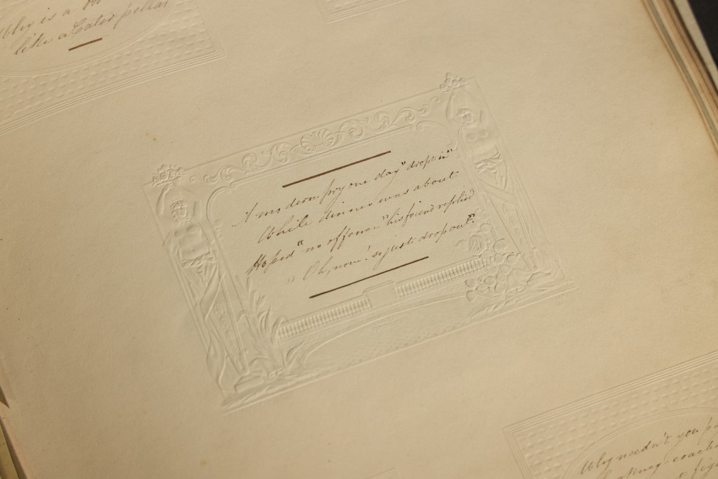Antique Autograph Album with Handwritten Poetry, Albumen Photographs, Engravings, and Embossed Pages, Entries Beginning 1863, Printed by Lefevre & Kohler, Newman Street