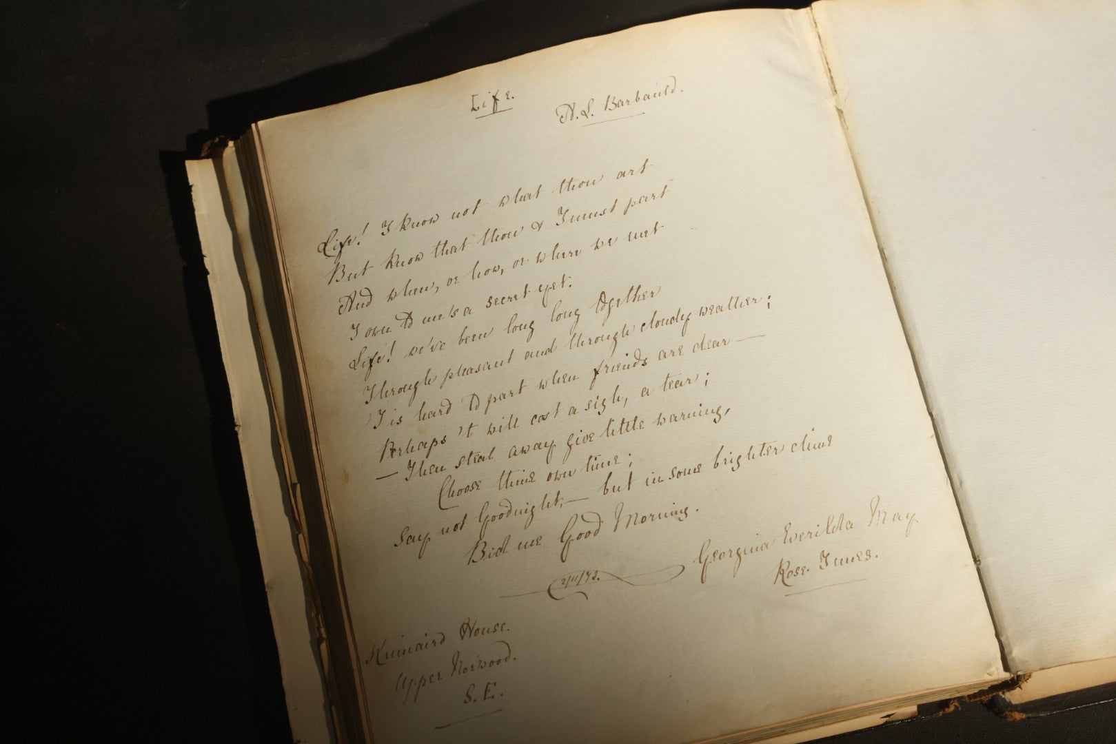 Antique Autograph Album with Handwritten Poetry, Albumen Photographs, Engravings, and Embossed Pages, Entries Beginning 1863, Printed by Lefevre & Kohler, Newman Street