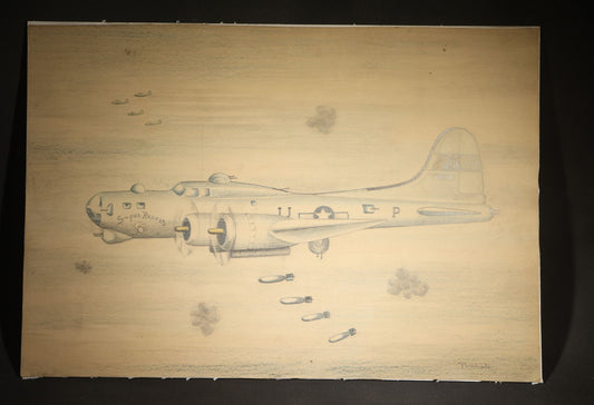 Vintage Colored Pencil Drawing of a WWII B-17 Flying Fortress "Sugar Reports" Bomber on a Bombing Run with Flak Bursts, Signed