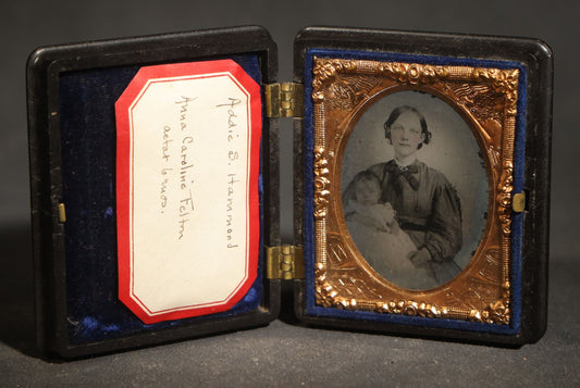Antique 1/6th Plate Ruby Ambrotype Photograph of Addie S. Hammond Holding Infant Anna Caroline Felton Aged Six Months in Thermoplastic Union Case