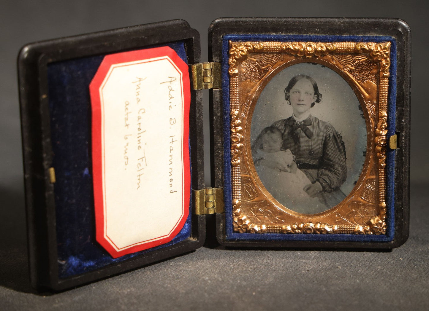 Antique 1/6th Plate Ruby Ambrotype Photograph of Addie S. Hammond Holding Infant Anna Caroline Felton Aged Six Months in Thermoplastic Union Case
