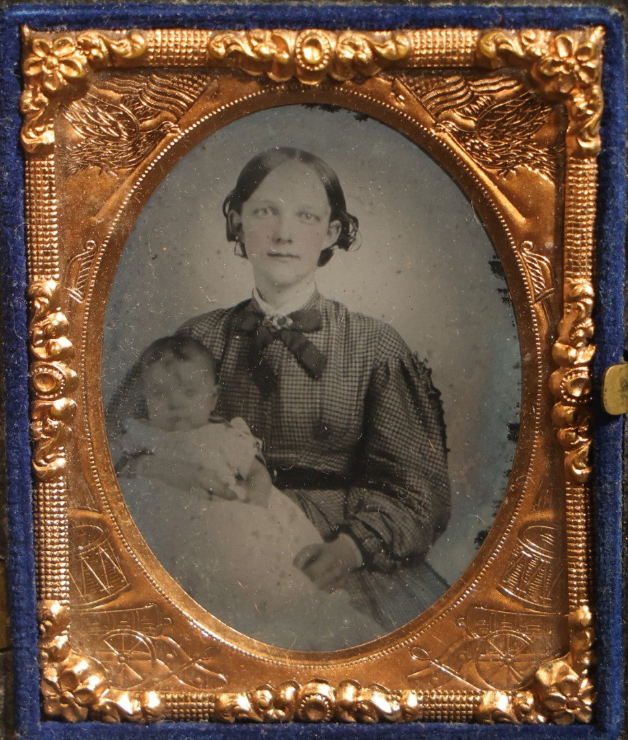 Antique 1/6th Plate Ruby Ambrotype Photograph of Addie S. Hammond Holding Infant Anna Caroline Felton Aged Six Months in Thermoplastic Union Case