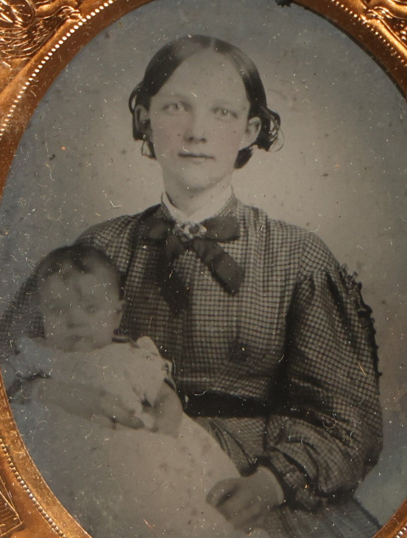 Antique 1/6th Plate Ruby Ambrotype Photograph of Addie S. Hammond Holding Infant Anna Caroline Felton Aged Six Months in Thermoplastic Union Case