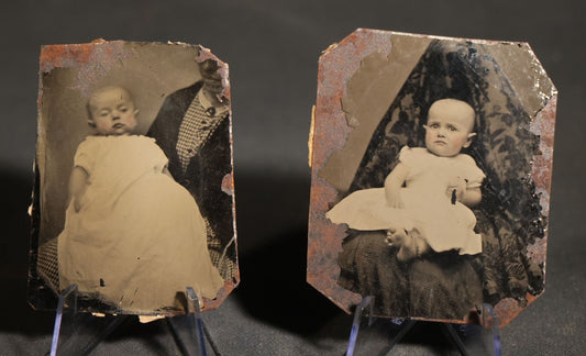 Pair of Antique Tintype Photographs of Infants with Hidden Mothers