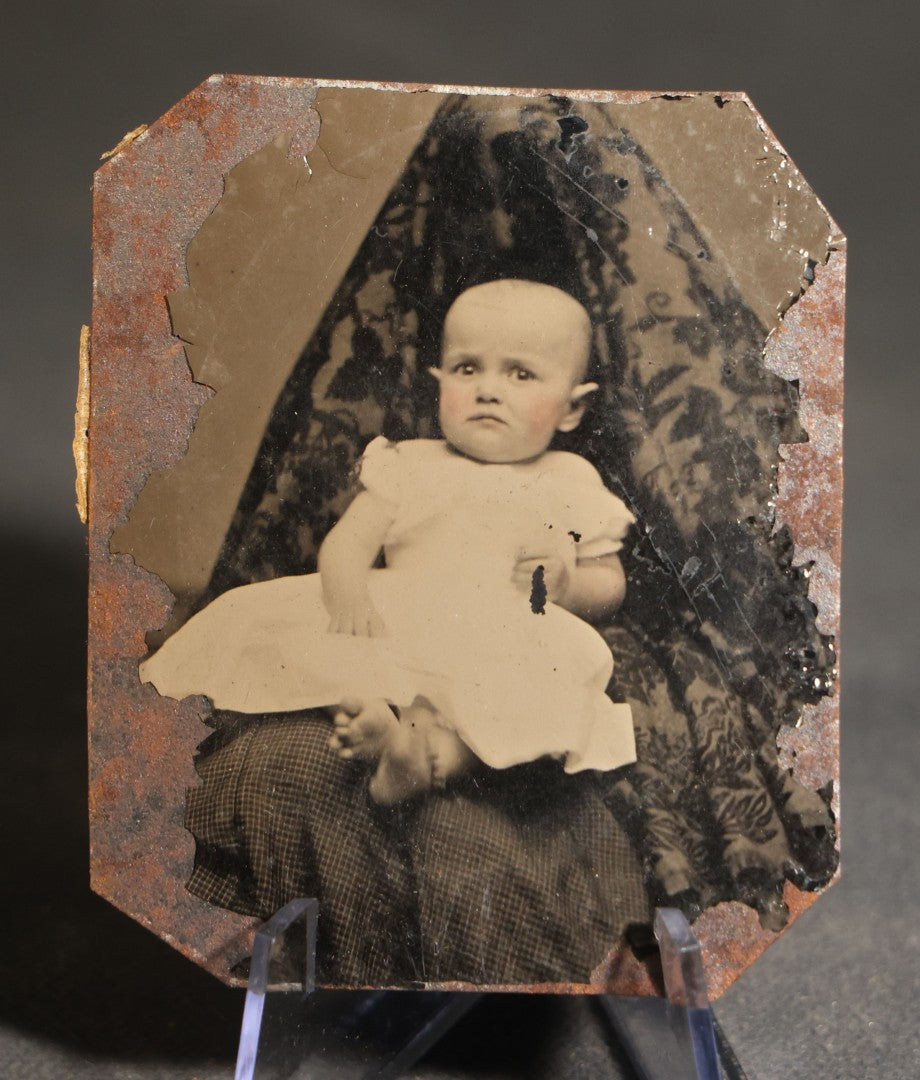 Pair of Antique Tintype Photographs of Infants with Hidden Mothers