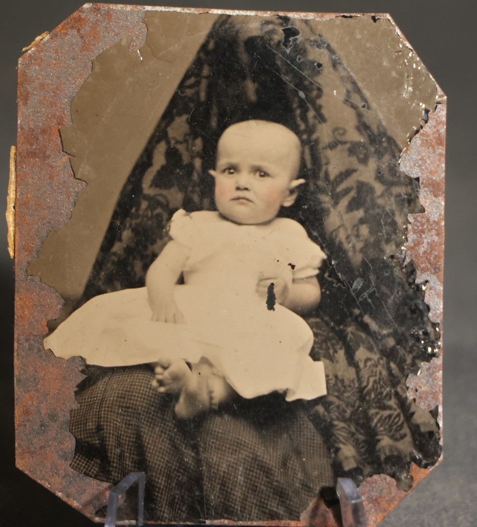 Pair of Antique Tintype Photographs of Infants with Hidden Mothers