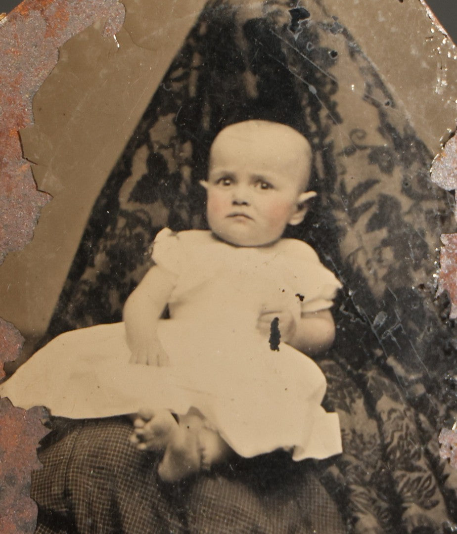 Pair of Antique Tintype Photographs of Infants with Hidden Mothers