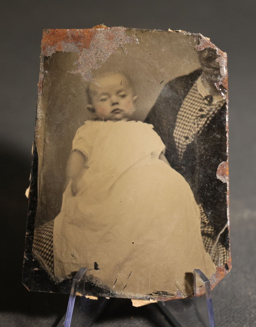 Pair of Antique Tintype Photographs of Infants with Hidden Mothers